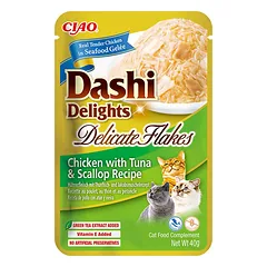 Ciao Dashi Delights katėms, vištienos, tuno ir šukučių juostelės sultinyje
