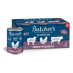 BUTCHER'S Original Recipe in jelly Mišrių skonių su kepenėlėmis arba inkstais 6x400g gabalėliai želė su jautiena, ėriena ir vištiena šunims