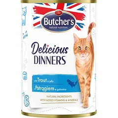BUTCHER'S BUTCHER'S Delicious Dinners, kačių maistas, gabalėliai su upėtakiais drebučiuose, 400g