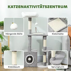 Kačių draskyklė, 107 cm, su nameliu, 2 pliušiniais kamuoliukais, sizalio stulpais ir didele platforma, 55 x 40 x 107 cm, pilka — 4 nuotrauka