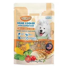 MOOCHIE HOME COOKED Grožio oda ir kailis – vištiena, moliūgas ir pomidorai 255 g šunims (receptas su vištiena, moliūgu ir pomidorais)