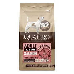 QUATTRO Begrūdis šunų maistas Qattro Small Breed adult Su Lašiša ir Krevetėmis