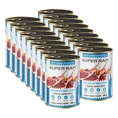 Super Rafi šlapias šunų maistas su ėriena ir kalakutų širdelėmis, 18x400 g