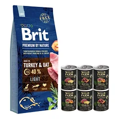 Brit Premium By Nature Light 15kg + WILD FARM Monoprotein hipoalerginis šunų maistas –  skonių rinkinys 6x400g
