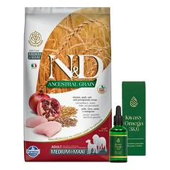Farmina N&D Ancestral Grain canine CHICKEN & POMEGRANATE ADULT MEDIUM&MAXI 12kg + LAB-V Omega 3 ir 6 riebalų rūgštys bendrai šunų ir kačių sveikatos, kailio ir odos būklei gerinti 100ml
