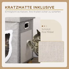 Katės namelis-guolis su draskymo kilimėliu, žaisliuku ir skalbiama pagalvėle, 35,5 x 35,5 x 42,5 cm, pilkos ir kreminės baltos spalvos — 5 nuotrauka