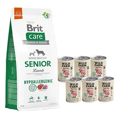 BRIT CARE Hypoallergenic Senior Lamb 12kg + Wild Farm Pate Lamb 6x400g ėrienos ėdalas šunims be glitimo