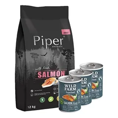 DOLINA NOTECI Piper Animals su lašiša 12 kg + Wild Farm Superfood Salmon lašiša 3x400 g pašaro šunims be grūdų