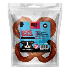 Bubu Pets rawhide ring with lamb 500g – buivolo oda apvynioti ėrienos mėsos žiedai, 10cm