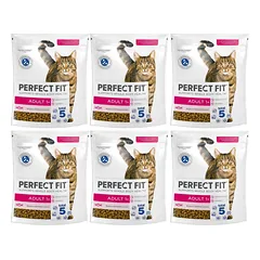 PERFECT FIT Adult 1+ 6x750 g sausas visavertis ėdalas suaugusioms katėms, kuriame gausu šviežios lašišos