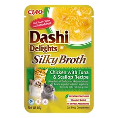 INABA Cat Dashi Delights Silky Broth Vištiena, tunas ir šukutės 40g nuotrauka