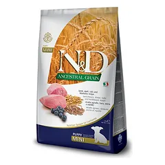 Farmina N&D Low Grain Puppy Mini sausas maistas mažų veislių šuniukams ir nėščiosioms arba žindančioms kalytėms su ėriena ir mėlynėmis, 2.5 kg