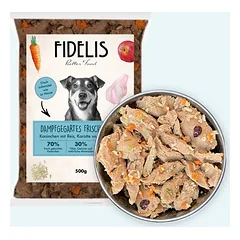 FIDELIS šaldytas BARF maistas šunims su triušiena, ryžiais, morkomis ir spanguolėmis (500 g)