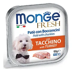 Monge Fresh paštetas ir gabaliukai su kalakutiena, drėgnas maistas šunims 100 g parduotuvėje mumbo.lt