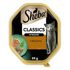 SHEBA Classics dėžutės 44 x 85 g, visavertis šlapias pašaras suaugusioms katėms su žvėriena (terinoje), 22+22 GRATIS.