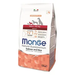 MONGE Mini Adult sausas pašaras mažų veislių suaugusiems šunims su lašiša ir ryžiais 7,5 kg