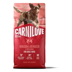 CARNILOVE Active Dog Venision and Reindeer Adult 12 kg dziczyzna, renifer i dzik dla psów + CARNILOVE Dog Jerky Turkey with Venision 2x100g GRATIS