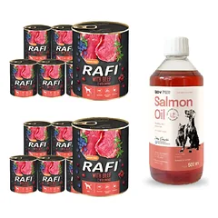 DOLINA NOTECI Rafi su jautiena 12x800g + LAB V Lašišų aliejus šunims ir katėms 500ml