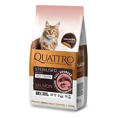 QUATTRO visavertis sausas pašaras suaugusioms sterilizuotoms katėms su lašiša (nuo 1 metų amžiaus, begrūdis)
