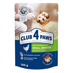 CLUB 4 PAWS Premium visavertis konservuotas maistas suaugusiems, mažų veislių šunims su vištiena drebučiuose 100g.x24vnt
