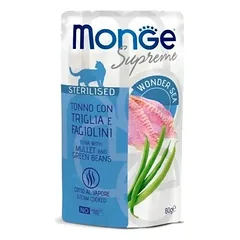 Monge SUPREME – šlapias maistas sterilizuotoms katėms su tunu ir žaliomis pupelėmis 12x80g