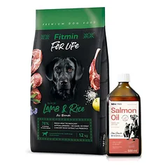 FITMIN dog For Life Lamb & Rice 12 kg + Lab-V 100% lašišų aliejus įvairaus amžiaus šunims ir katėms 500ml ša