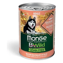 Monge BWILD Dog Adult Chunkies Grain Free Konservuotas maistas šunims (gabalėliai padaže) (su lašiša, moliūgais ir cukinijomis) 400g