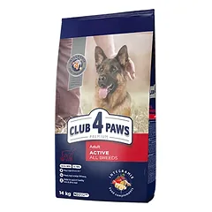 CLUB 4 PAWS PREMIUM „AKTYVAS“. PILNAVERTIS SAUSAS MAISTAS SUAUGUSIEMS AKTYVIEMS VISŲ VEISLIŲ ŠUNIMS 14kg.