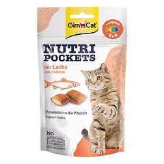 GimCat Nutri Pockets Salmon & Omega traškūs skanėstai katėms su įdaru, gerina savijautą ir palaiko gyvybingumą, 60 g