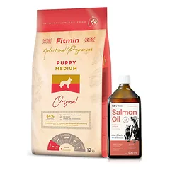 FITMIN Medium Puppy 12kg + Lab-V 100% lašišų aliejus įvairaus amžiaus šunims ir katėms 500ml šalto spaudimo