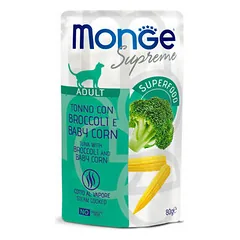 Monge Supreme Adult tuno gabaliukai su brokoliais ir mini kukurūzais, drėgnas maistas katėms 80 g