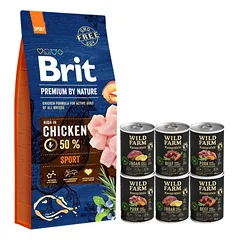 BRIT Premium By Nature Sport 15kg + WILD FARM Monoprotein hipoalerginis šunų maistas –  skonių rinkinys 6x400g