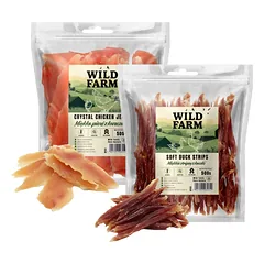 WILD FARM Minkšta vištienos krūtinėlė 500g + Minkšti anties juostelės 500g skanėstai šunims