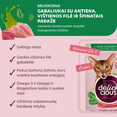 DELICKCIOUS konservuotas pašaras su antiena ir vištiena suaugusioms katėms, 85 g — 2 nuotrauka