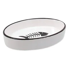 Magic Cat Ceramic cat bowl ovalus keraminis dubenėlis katėms su žuvies piešiniu, baltas, 16x11x3 cm