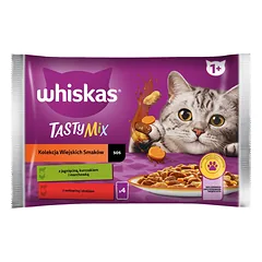 WHISKAS Adult 4 x 85 g "Rural Flavours" kolekcija - drėgnas kačių ėdalas su ėriena, vištiena ir morkomis, jautiena ir paukštiena.