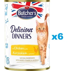 BUTCHER'S Delicious Dinners, kačių maistas, vištienos gabalėliai drebučiuose, 400g x 6