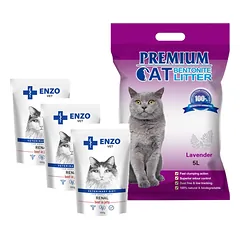 Premium Cat Clumping Bentonite Litter - levandų kraikas katėms 5L + 3x ENZO VET Renal su jautiena želė katėms 100g