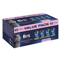 Brit Premium by Nature Cat Value Pack suaugusiems kastruotiems katėms, 40 x 100 g (švelnūs gabaliukai padaže)