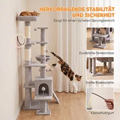 Draskyklė 152 cm su nameliu, hamaku, 3 kamuoliukais ir sizalio stulpais, katėms iki 6 kg, šviesiai pilka — 5 nuotrauka