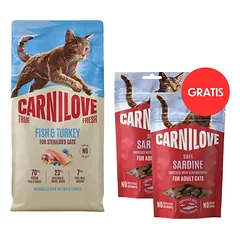 CARNILOVE „True Fresh Cat“ – žuvis ir kalakutiena, sterilizuotiems katėms, 6 kg + CARNILOVE „Soft Snack Cat“ – sardinės, 2 x 50 g NEMOKAMAI