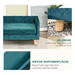 Sofa šunims ir katėms su atlošu ir pagalvėle, aksominė, su medinėmis kojelėmis, iki 8 kg, 64x45x36 cm, mėlyna — 5 nuotrauka