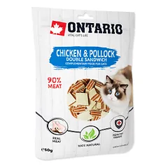 Skanėstai katėms: Ontario kačių vištienos ir menkės dvigubas sumuštinis, 50 g.