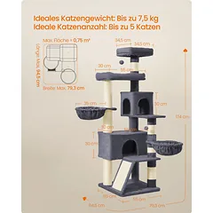 Kačių draskyklė su didele platforma ir dviguba ertme, tamsiai pilka, 174 cm — 5 nuotrauka