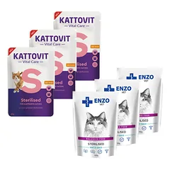 Kattovit Vital Care Sterilised 3x85g + ENZO VET Sterilizuota su veršiena padaže 3x100g