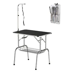 Kirpimo stalas šunims 90x60x75 cm, sulankstomas, su pasukamu laikikliu ir tinkline lentynėle, iki 150 kg, juodas