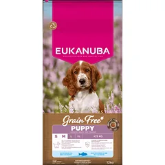 Eukanuba Grain Free Puppy S/M begrūdis sausas maistas mažų ir vidutinių veislių šuniukams su žuvimi, 12 kg