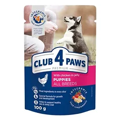 CLUB 4 PAWS Premium visavertis konservuotas ėdalas šuniukams su vištiena drebučiuose 100g.x24vnt.