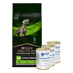 PRO PLAN Veterinary Diets HA hipoalerginis sausas maistas šunims 7kg + ENZO VET Hipoalerginė dieta su kalakutiena šunims 3x400g