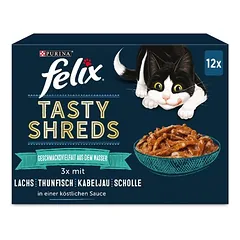Felix „Tasty Shreds“ maišeliai, drėgnas maistas katėms 12 x 80 g